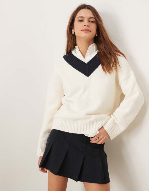 Abercrombie & Fitch - Maglione oversize color crema con scollo a V a contrasto