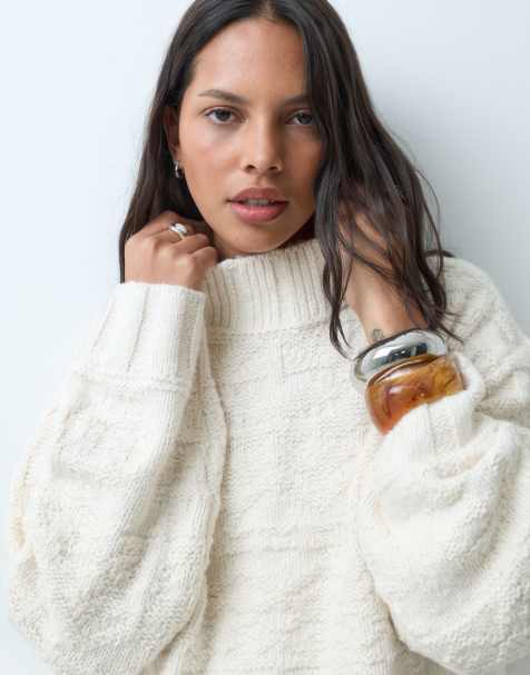 Abercrombie & Fitch maglione oversize con collo a imbuto in jacquard crema - view 1