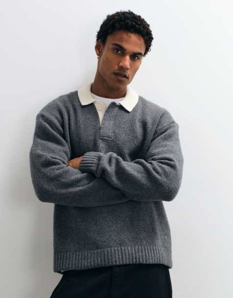 Abercrombie & Fitch maglione polo in maglia a maniche lunghe con bottoni e colletto a contrasto grigio - view 1