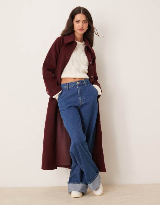 Abercrombie & Fitch - Manteau long en laine à ceinture - Bordeaux