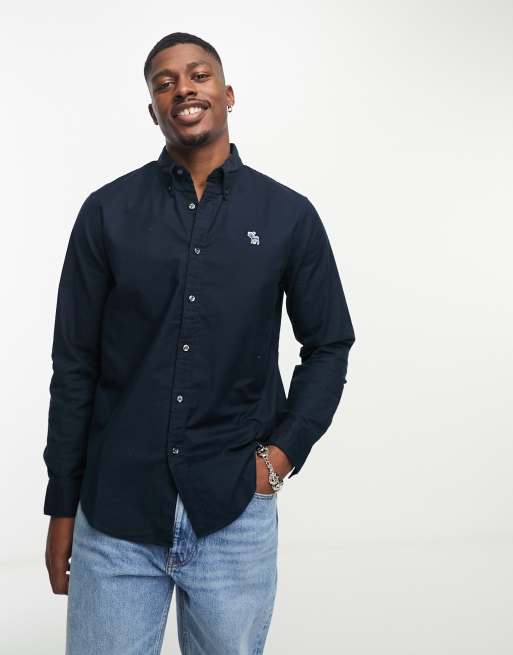 Abercrombie & Fitch – Marinblå oxfordskjorta med broderad logga i 3D
