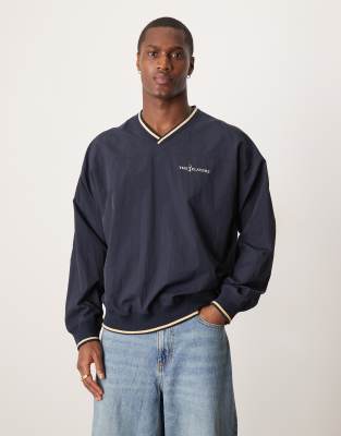 Abercrombie & Fitch - Marineblå fleecetrøje med V-hals og motiv - view 1