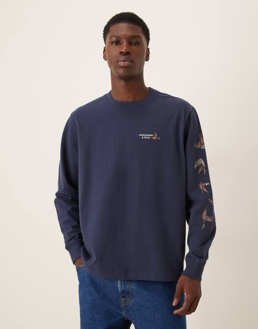 Abercrombie & Fitch - Marineblå T-shirt med lange ærmer og grafisk print