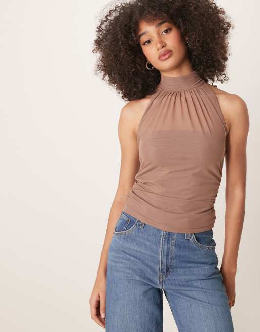 Abercrombie & Fitch – Marszczony siateczkowy top z dekoltem halter w kolorze taupe