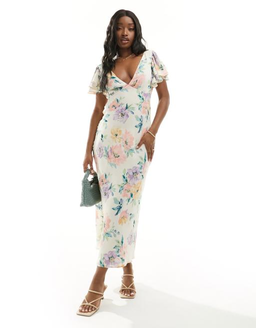 Abercrombie Fitch Maxi jurk met ruches aan de mouwen in wit met bloemenprint ClassicfuncenterShops