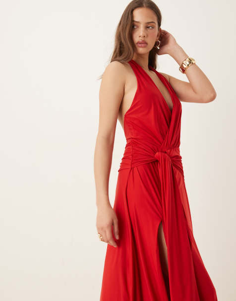 Abercrombie & Fitch - Maxi jurk van jersey met halternek en geknoopte voorkant in rood - view 1
