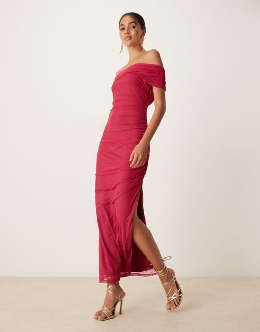Abercrombie & Fitch - Maxi-jurk van mesh met drapering en blote schouders in fuchsia roze
