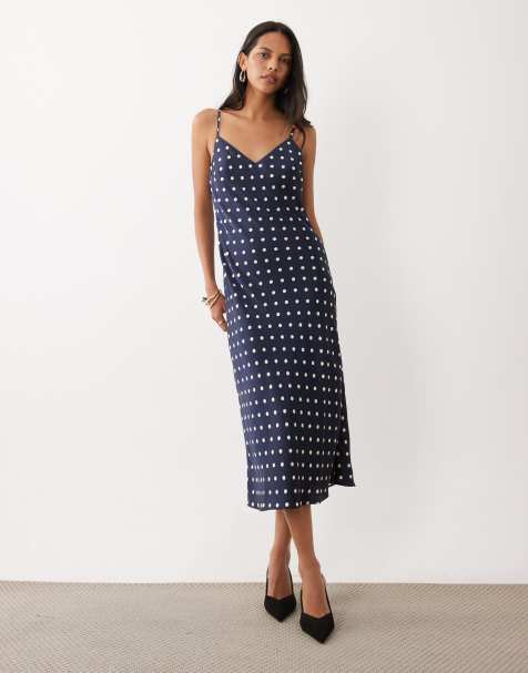 Abercrombie & Fitch maxi satin slip dress in navy polka dot - view 1