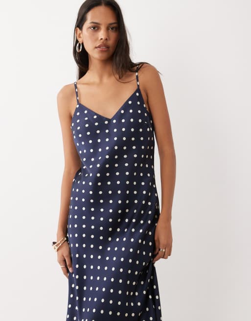 Abercrombie & Fitch maxi satin slipklänning i marinblått prickmönster, 2 av 4