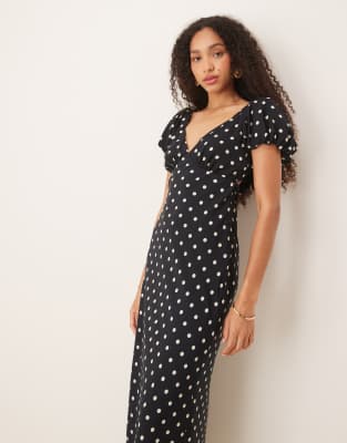 Abercrombie & Fitch - Maxi-Schlupfkleid in gepunktetem Schwarz mit Puffärmeln und gebundener Rückseite-Weiß