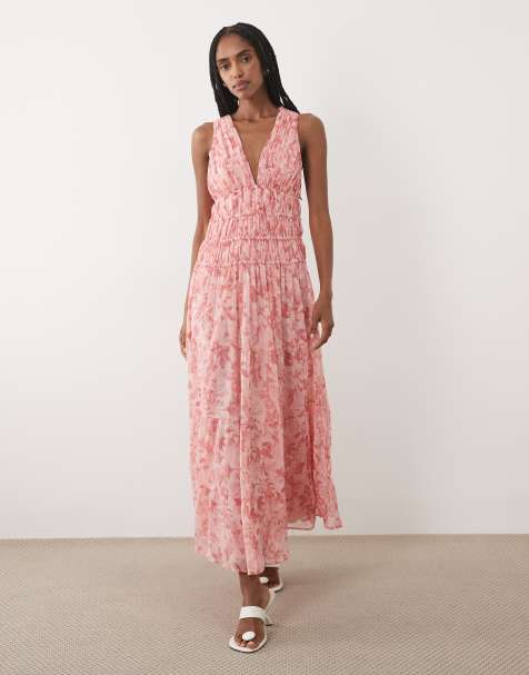 Abercrombie & Fitch maxikjole med v-hals, flagrende krøllet chiffon og pink blomsterprint - view 1