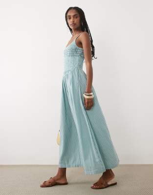 Maxikleid in Blau gestreift mit U-Ausschnitt und tiefer Taille-Grün Grün XL