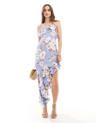 Abercrombie & Fitch - Maxikleid in Blau mit Blumenprint, abnehmbaren Trägern und asymmetrischem Rüschensaum