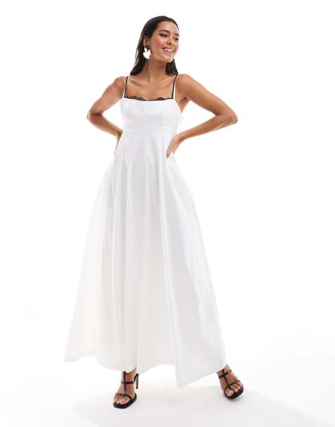 Abercrombie & Fitch – Maxikleid in Weiß mit tiefer Taille und Spitzenborte - view 1