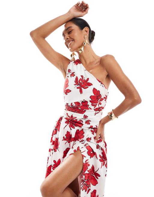 Abercrombie & Fitch – Maxikleid mit Blumenmuster in Weiß und Rot, One-Shoulder-Träger und Seitenschlitz