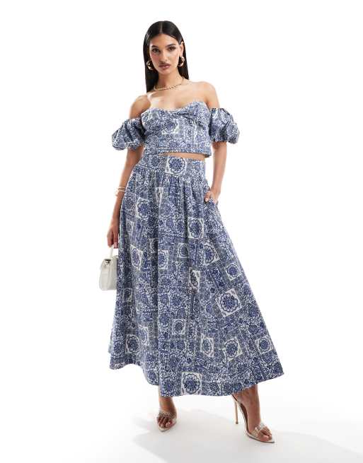 Abercrombie & Fitch - Maxirok met stroken in blauwe tegelprint, deel van co-ord set