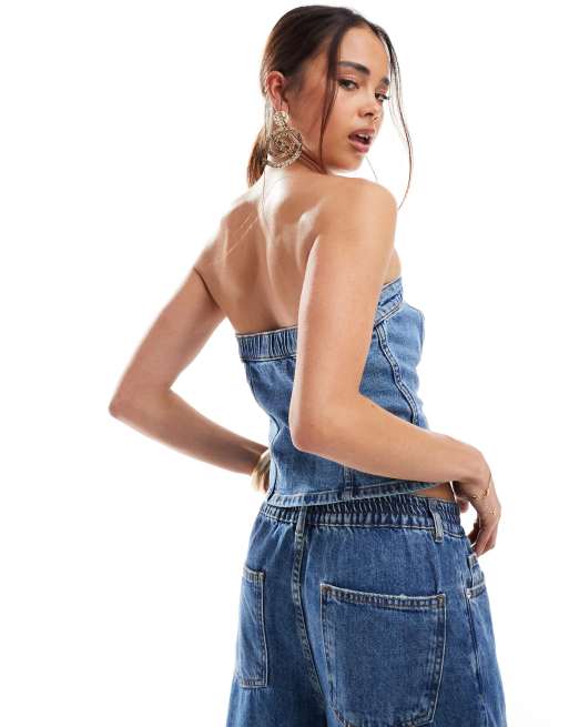 Abercrombie & Fitch - Mellemvasket stropløs korsetoverdel i denim, 4 af 4