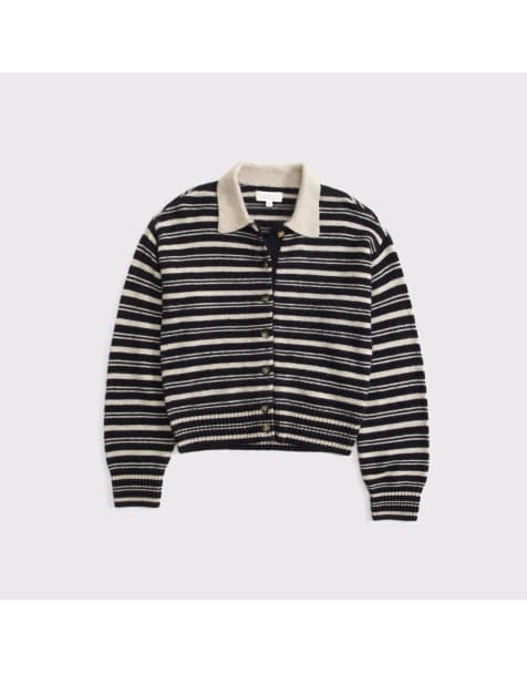 Abercrombie & Fitch Merino wool-blend collared cardigan in black stripe - view 1