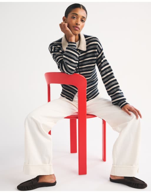 Abercrombie & Fitch Merino wool-blend collared cardigan in black stripe, 2 of 4