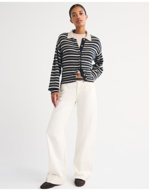 Abercrombie & Fitch Merino wool-blend collared cardigan in black stripe, 3 of 4