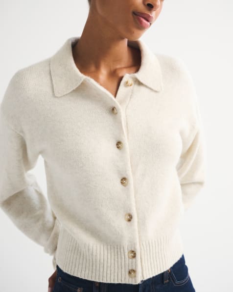 Abercrombie & Fitch Merino wool-blend collared cardigan in cream heather - view 1
