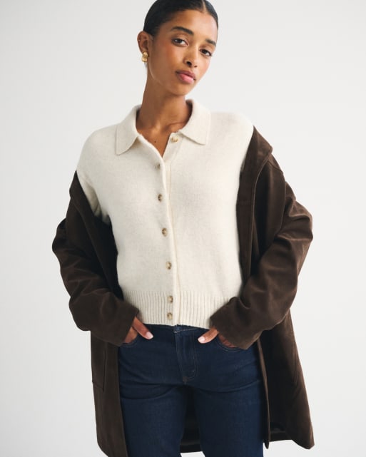 Abercrombie & Fitch Merino wool-blend collared cardigan in cream heather, 3 of 4