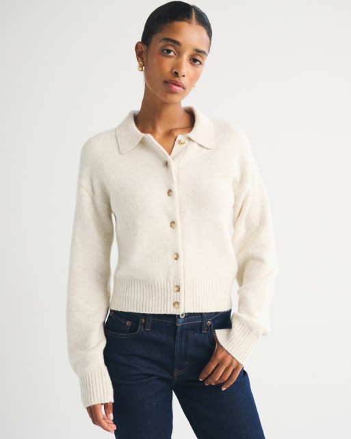 Abercrombie & Fitch Merino wool-blend collared cardigan in cream heather, 4 of 4