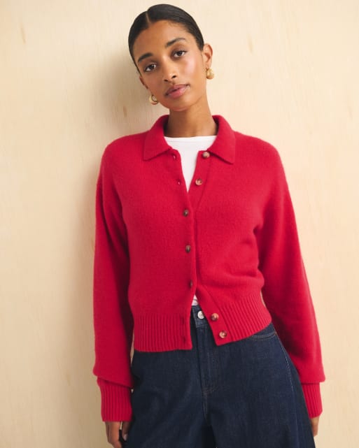 Abercrombie & Fitch Merino wool-blend collared cardigan in vivid red, 3 of 4
