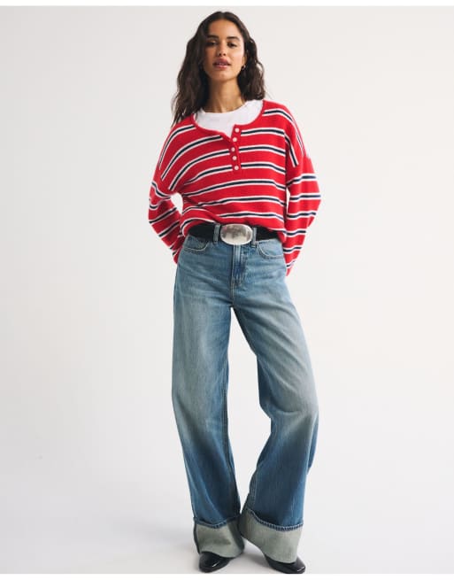 Abercrombie & Fitch Merino wool-blend henley sweater in vivid red stripe, 2 of 6
