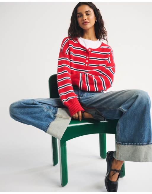 Abercrombie & Fitch Merino wool-blend henley sweater in vivid red stripe, 5 of 6