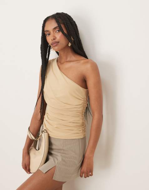 Abercrombie & Fitch mesh asymmetric tie detail top in beige