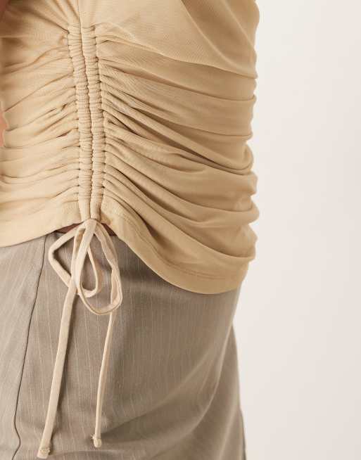 Abercrombie & Fitch mesh asymmetric tie detail top in beige, 3 of 4