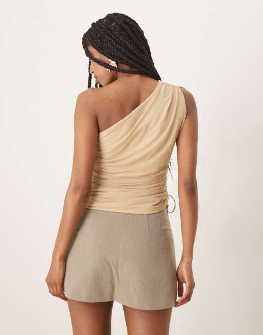 Abercrombie & Fitch mesh asymmetric tie detail top in beige, 4 of 4