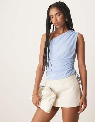 mesh asymmetric tie detail top in blue