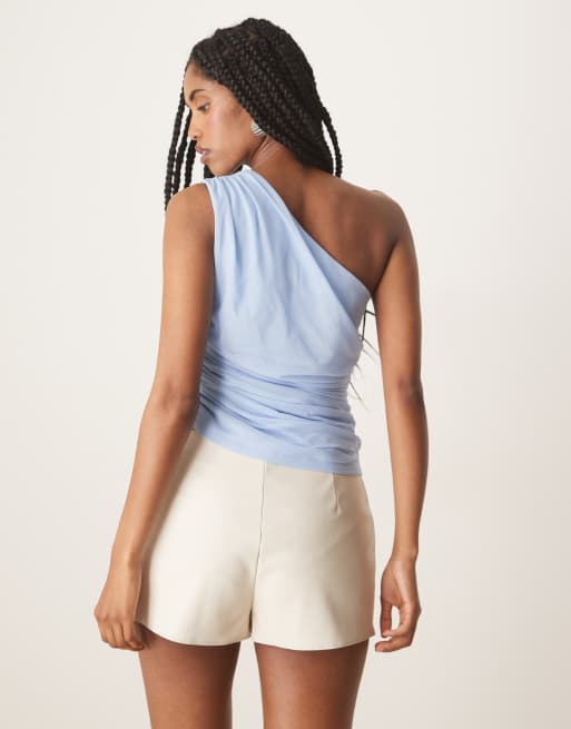 Abercrombie & Fitch mesh asymmetric tie detail top in blue, 3 of 4
