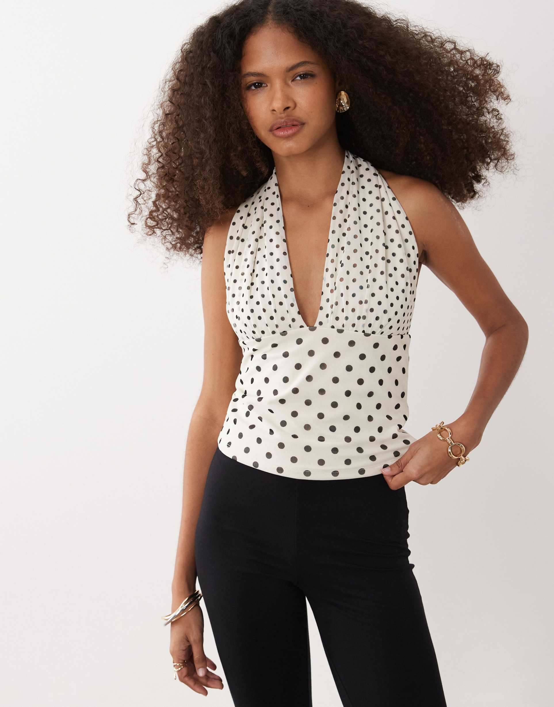 abercrombie & fitch mesh multiway tie-up plunge neck top in white polka dot