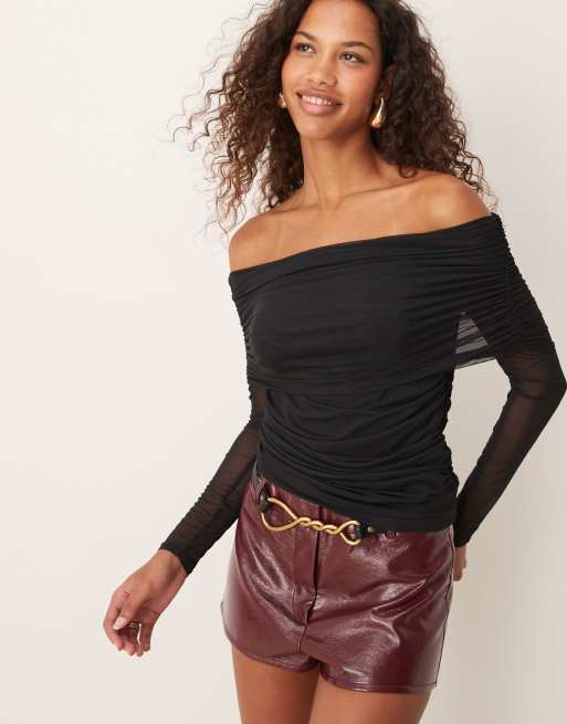 Abercrombie & Fitch mesh off the shoulder long sleeve top in black
