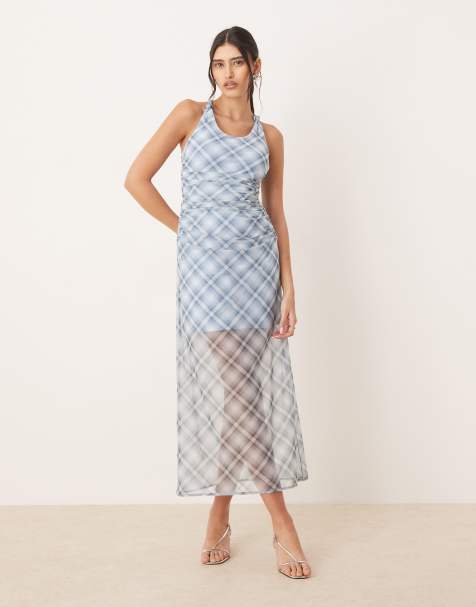 Abercrombie & Fitch mesh racerback maxi dress in blue check - view 1