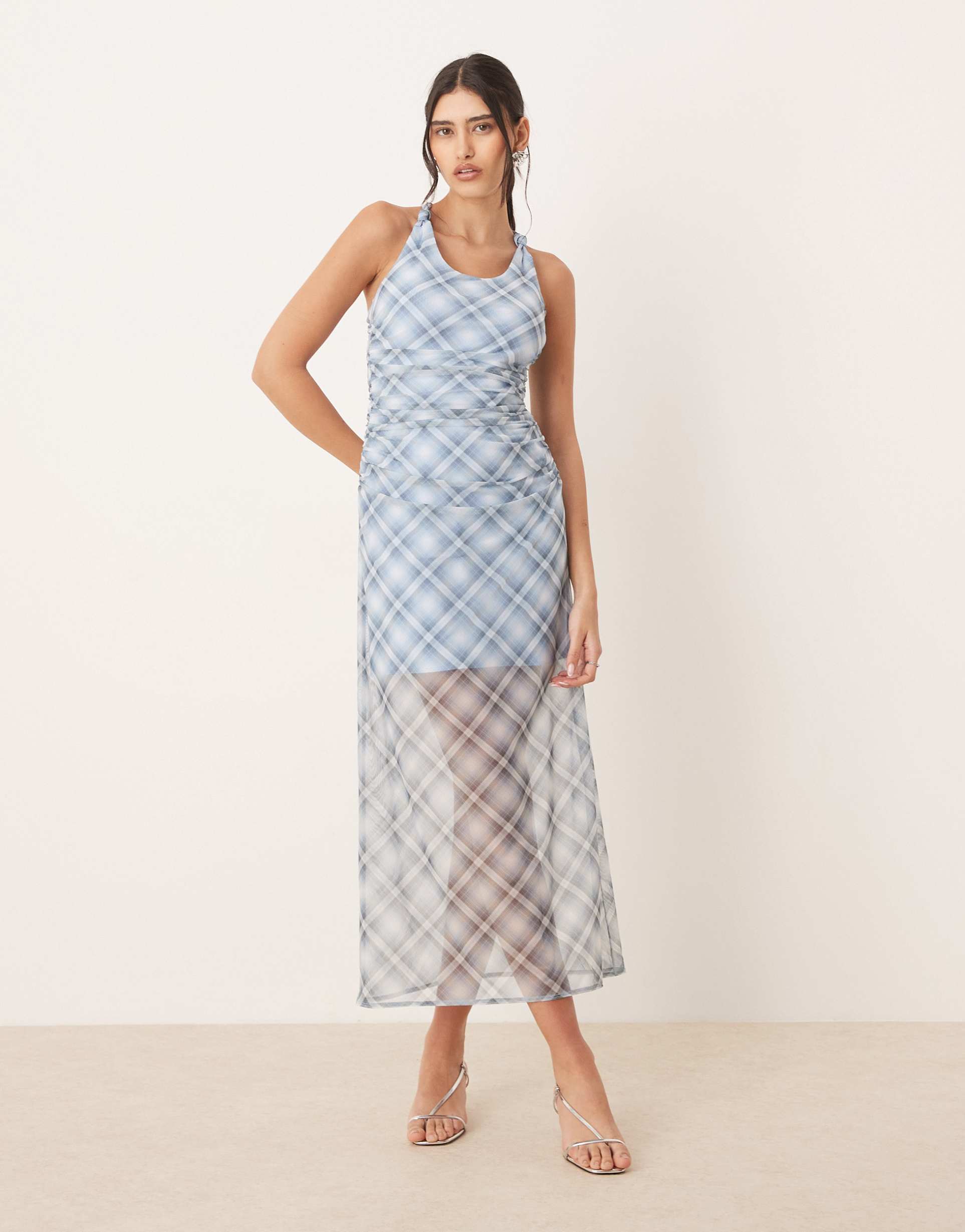 abercrombie & fitch mesh racerback maxi dress in blue plaid