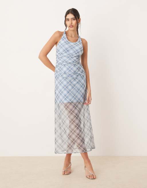 Abercrombie & Fitch mesh racerback maxi dress in blue plaid