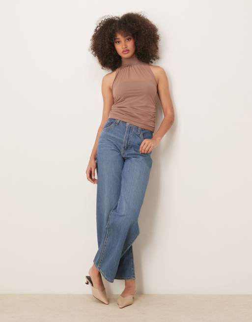 Abercrombie & Fitch mesh ruched halter neck top in taupe, 2 of 4