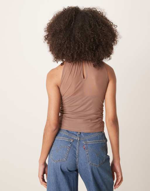 Abercrombie & Fitch mesh ruched halter neck top in taupe, 3 of 4