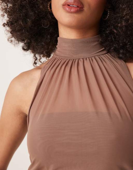 Abercrombie & Fitch mesh ruched halter neck top in taupe, 4 of 4