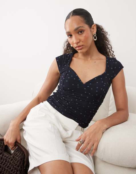 Abercrombie & Fitch mesh sweetheart top with built in bra in navy polka dot