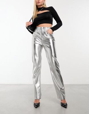Abercrombie & Fitch metallic 90s straight faux leather trouser in silver