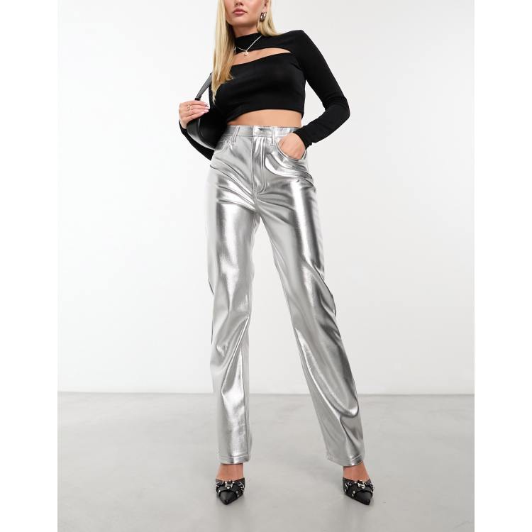 Abercrombie & Fitch metallic 90s straight faux leather trouser in silver