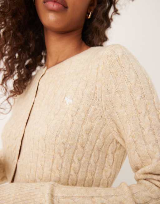 Abercrombie & Fitch micro cable knit cardigan with icon logo in tan, 3 of 4