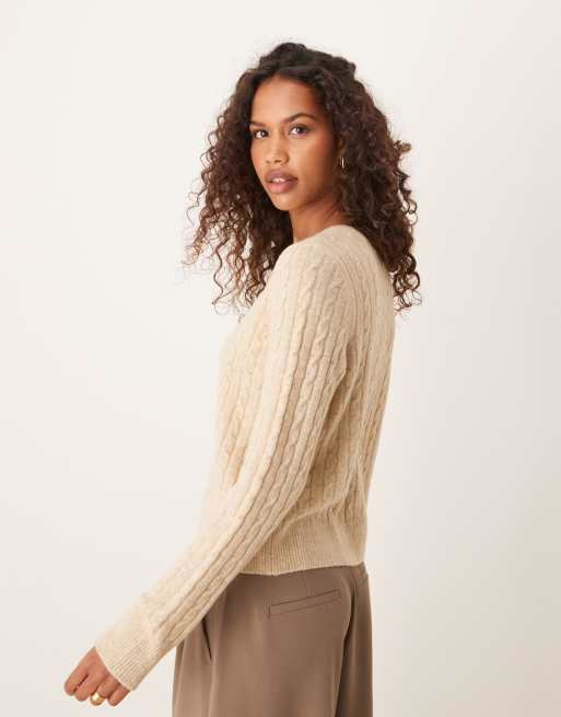 Abercrombie & Fitch micro cable knit cardigan with icon logo in tan, 4 of 4