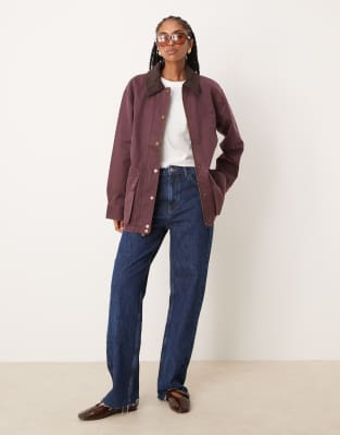 Abercrombie & Fitch Mid Length Contrast Collar Waxed Barn Jacket In Brown