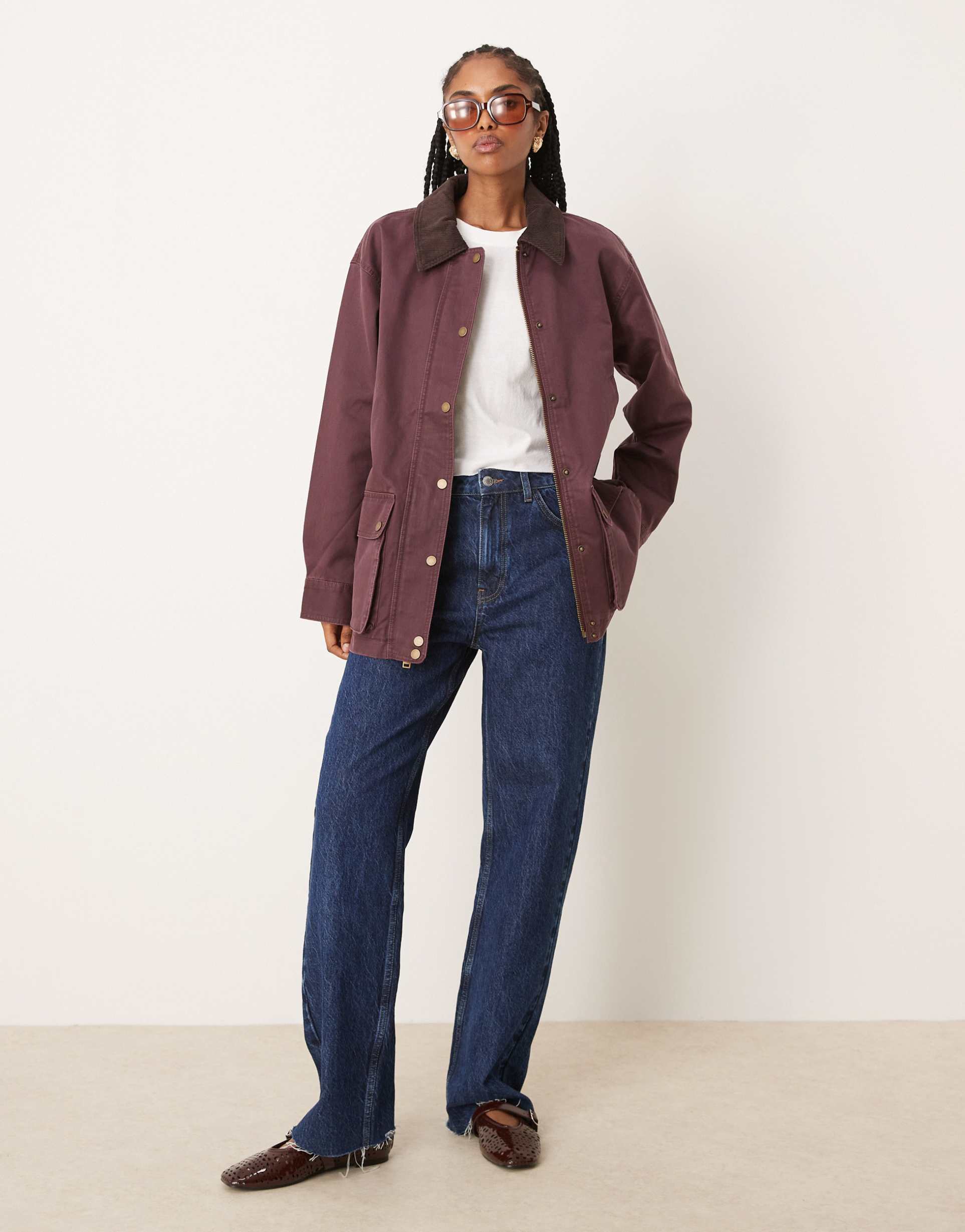 abercrombie & fitch mid length contrast collar waxed barn jacket in burgundy